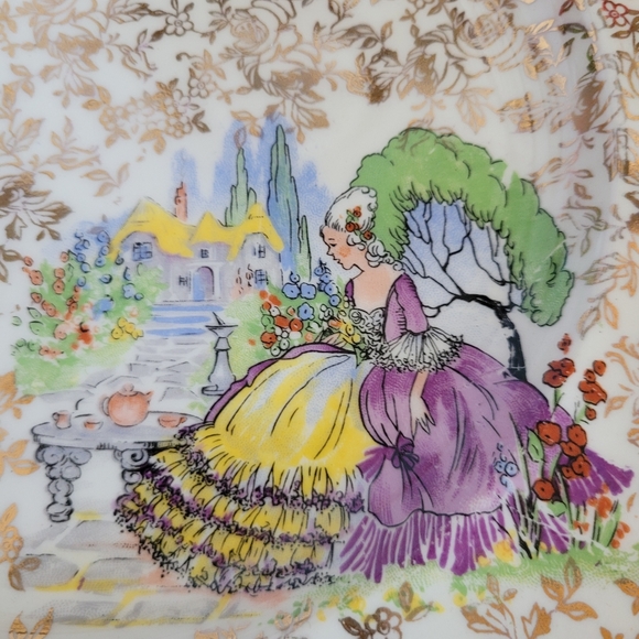 Vintage Crinoline Lady Gold Chinz Scalloped Edge Square Plate England - Picture 5 of 12